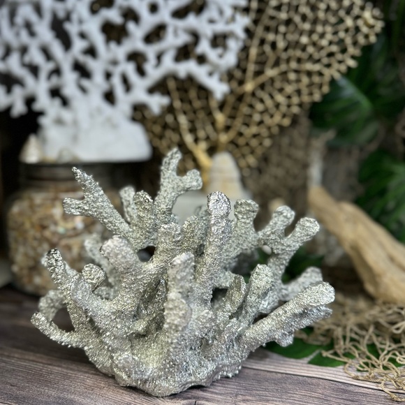 NEW Silver Poly Resin CORAL Coastal Nautical Beach Ocean Decor Bookend Shell Dis - Picture 9 of 16